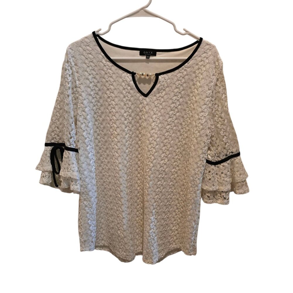 Onyx Lace Blouse L Cream Bell Sleeve Bohemian Top Black Trim Feminine